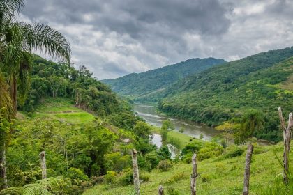 Vista aérea de um rio sinuoso entre áreas de floresta amazônica sob um céu nublado