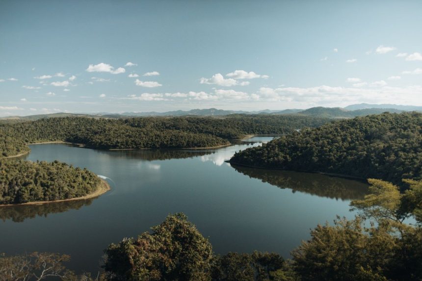 Rio sinuoso cercado por mata, em uma paisagem de Minas Gerais.